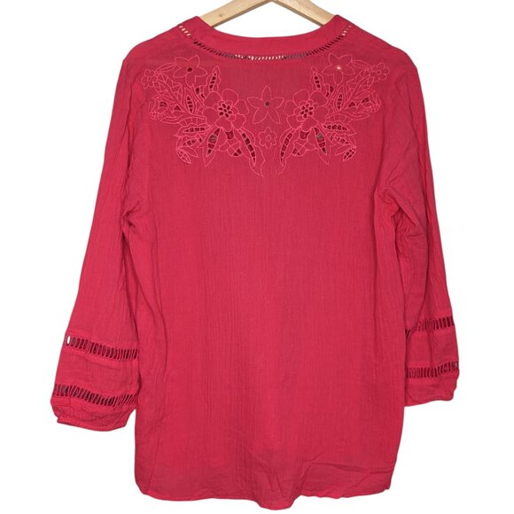 Soft Surroundings Pink Eyelet Long-Sleeve Tunic V-Neck Gauze 100% Cotton M P - Picture 2 of 6